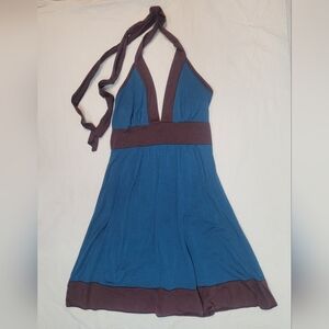 Y2k Body Central Teal Halter Dress with Brown Trim, Beach Summer Vacation Sz Med